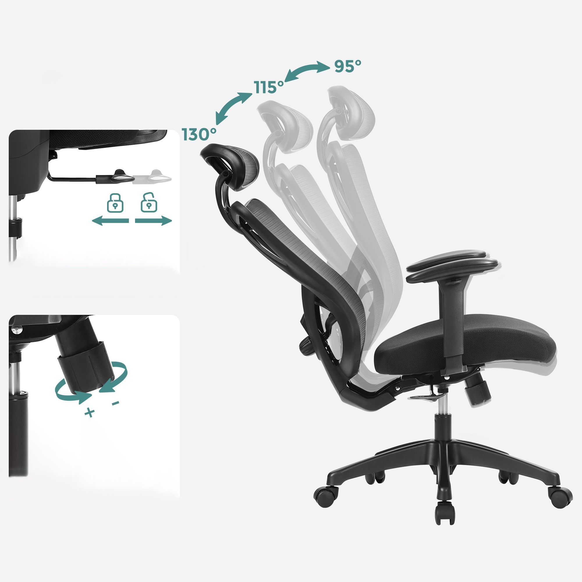 Irodai ergonomikus szék, állítható deréktámasszal és fejtámlával, fekete