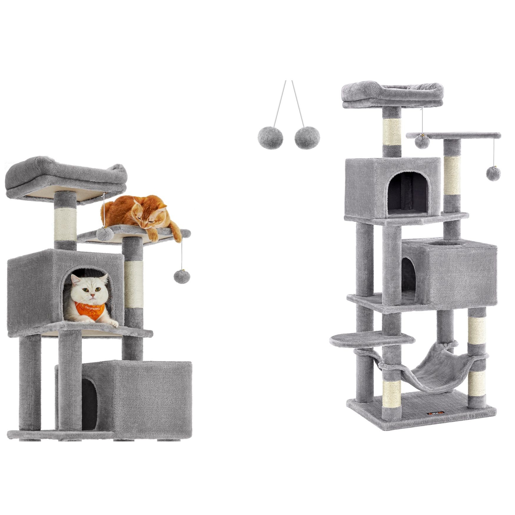 Macska kaparófa, két cicaházzal, pihenőhelyekkel és függőággyal, szürke 49×40×150cm