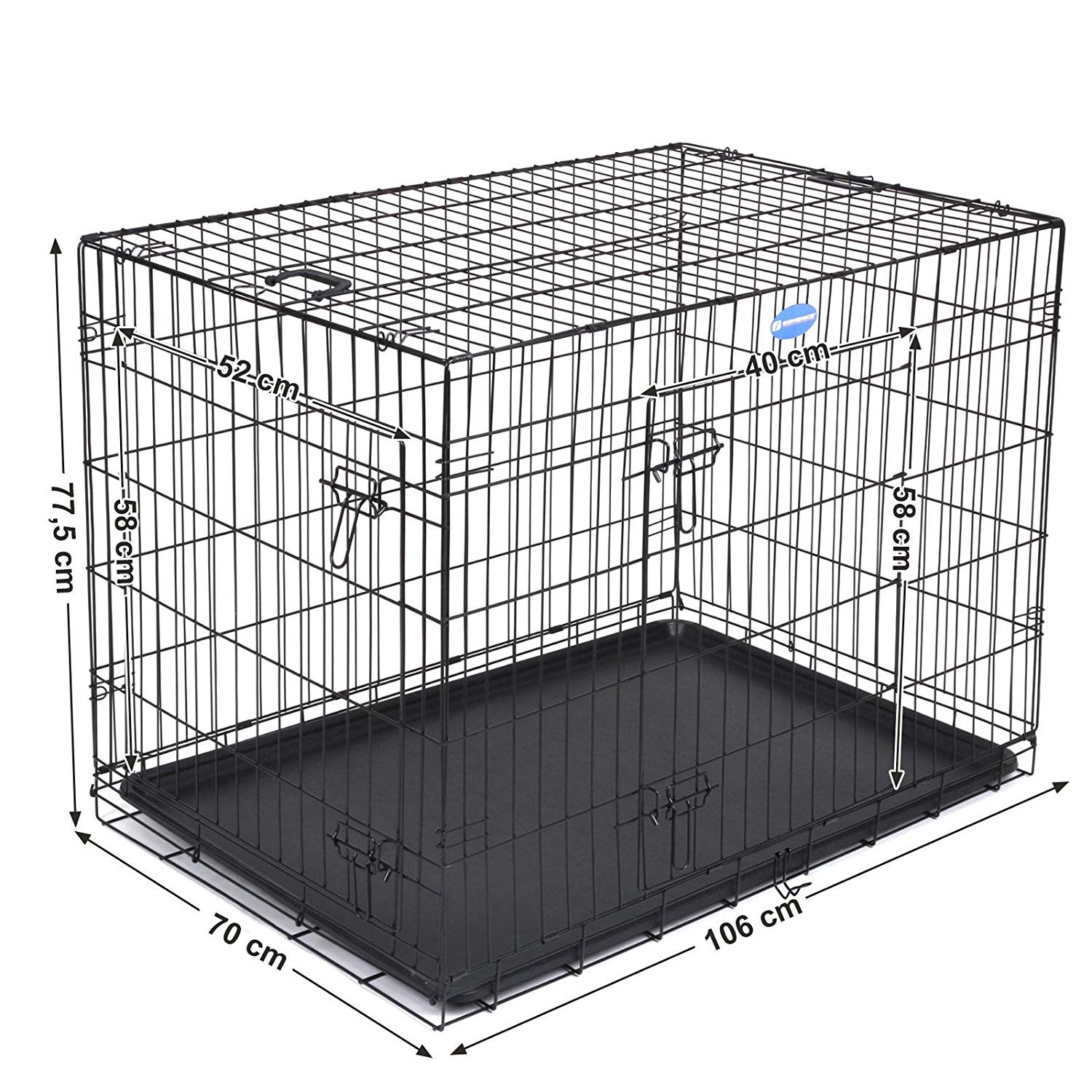 Kutyaketrec, kutyabox két ajtóval, fekete 107x70x77cm