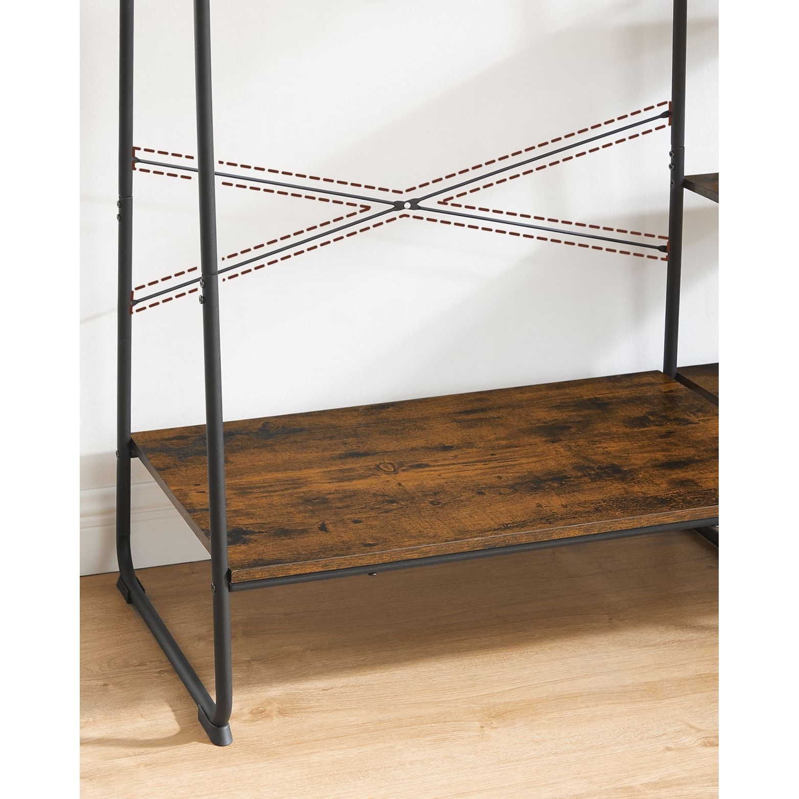 Ruhatároló, ruhaakasztó, 5 szintes polccal, 6 akasztóval, ‎45 x 120 x 160 cm, rusztikus barna
